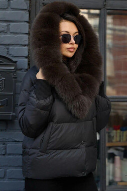 Стеганый пуховик оверсайз с мехом песца